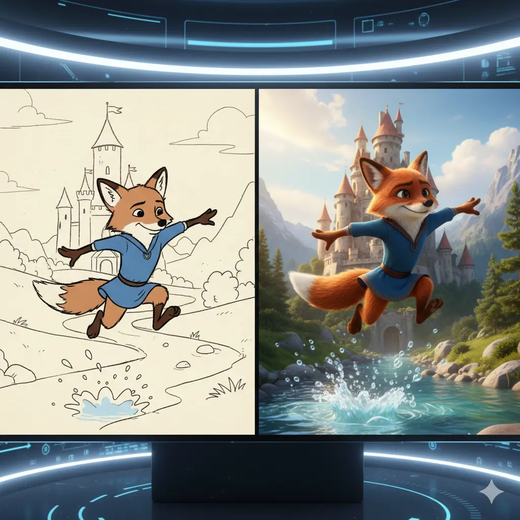 Illustration showing the difference between 2D and 3D animation styles side by side