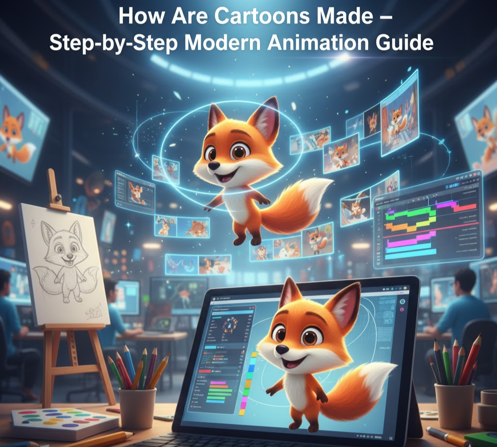 How are cartoons made: a visual guide showing the modern animation process from 2D character sketching and storyboards to final 3D rendering in a creative studio.