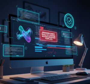 Professional digital illustration of a high-end computer screen displaying an 'Unknown Error While Loading Motion Graphics Template' alert; the futuristic UI shows corrupted timelines transforming into fixed, optimized animation layers, symbolizing advanced troubleshooting and resolution of motion graphics workflow errors.