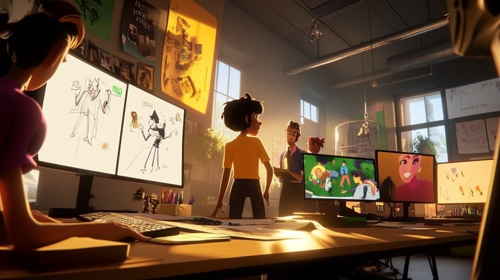 Creative 3D design agency workspace featuring designers collaborating on modern animation projects using advanced software and digital tools.