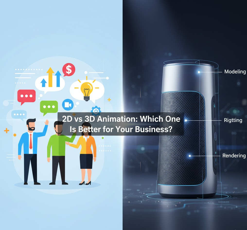 Comparison of 2D vs 3D animation for business marketing: flat vector graphics beside a detailed 3D product demo.