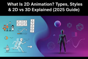 what is 2d animation 2D vs 3D animation comparison image for a 2025 guide. Includes vector art, storyboards, and a detailed 3D character model to illustrate different animation styles.